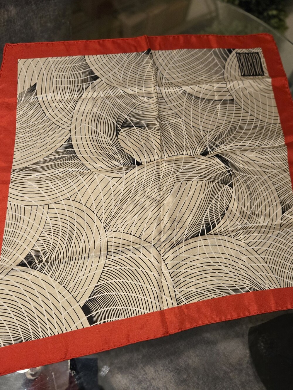 Vintage 80s Bill Blass Silk Scarf Red Border Geometric Optical Print 23"
